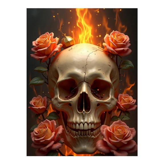 Diamond Art Kits for Adults - Skull Rose Fire Print No.888 5D Frameless Dimond Painting Kit for Adults Beginner, Round Diamond Kits for Home Wall Decor, Gift for Women