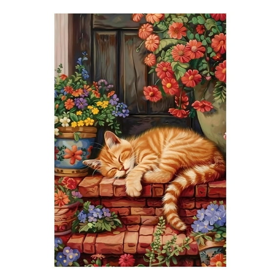 Diamond Art Kits for Adults, Sleeping Cat FlowersDiamond Painting Kits for Beginners, Frameless Round 5D Full Drill Diamonds Art Gem Art Crafts Home Decor Gifts