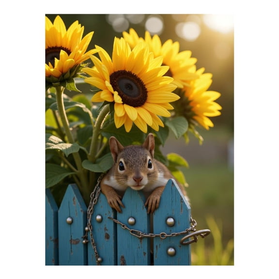 Diamond Art Kits for Adults, Squirrel Sunflowers Blue Fence 5D Diamond Painting Kits for Adults Beginners, DIY Full Drill Diamond Painting, Gem Art and Crafts 12x16