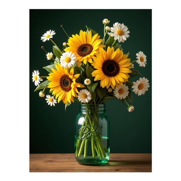 Diamond Art Kits for Adults, Sunflowers Daisies Green Jar Bouquet 5D Diamond Painting Kits for Adults Beginners, DIY Full Drill Diamond Painting, Gem Art and Crafts 12x16