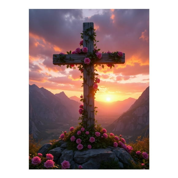Diamond Art Kits for Adults - Sunset Floral Cross Landscape 5d Diamond Painting for Adults, Diamond Painting Kits for Adults, Frameless Diamond Art for Adults Beginners for Home Wall Decor