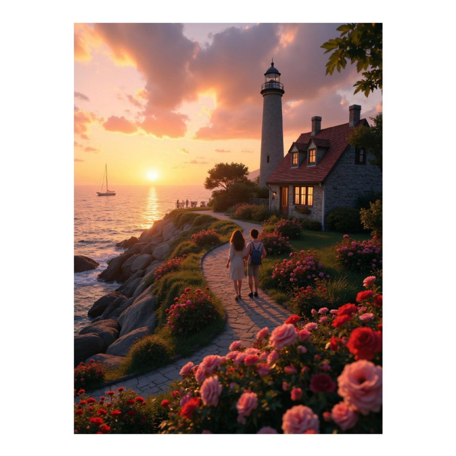 Diamond Art Kits for Adults - Sunset Lighthouse Coastal Path Roses 5d Diamond Painting for Adults, Diamond Art for Adults Beginners, Frameless Diamond Painting Kits for Adults for Home Wall Decor