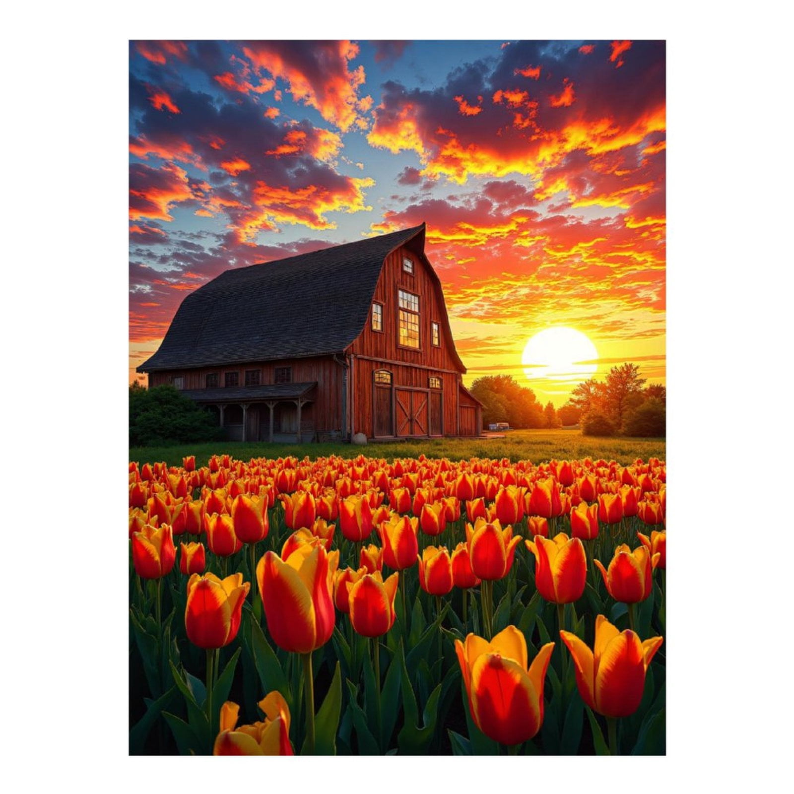 Diamond Art Kits for Adults, Sunset Tulips Barn Landscape 5D Diamond Painting Kits for Adults Beginners, DIY Full Drill Diamond Painting, Gem Art and Crafts 12x16