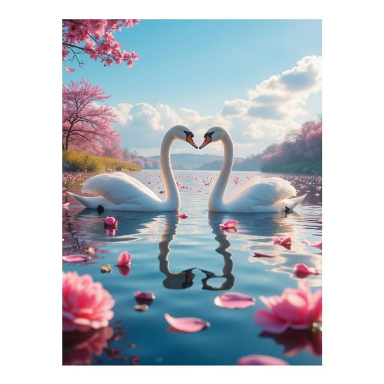 Diamond Art Kits for Adults, Swans Cherry Blossoms Lake Serenity