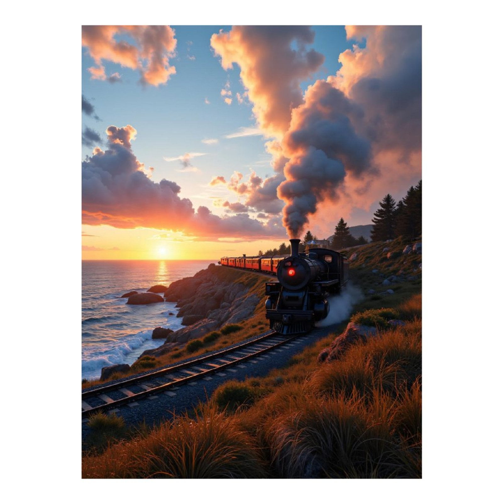 Diamond Art Kits for Adults, Train Sunset Coastal Landscape Scenery 5D Diamond Painting Kits for Adults Beginners, DIY Full Drill Diamond Painting, Gem Art and Crafts 12x16