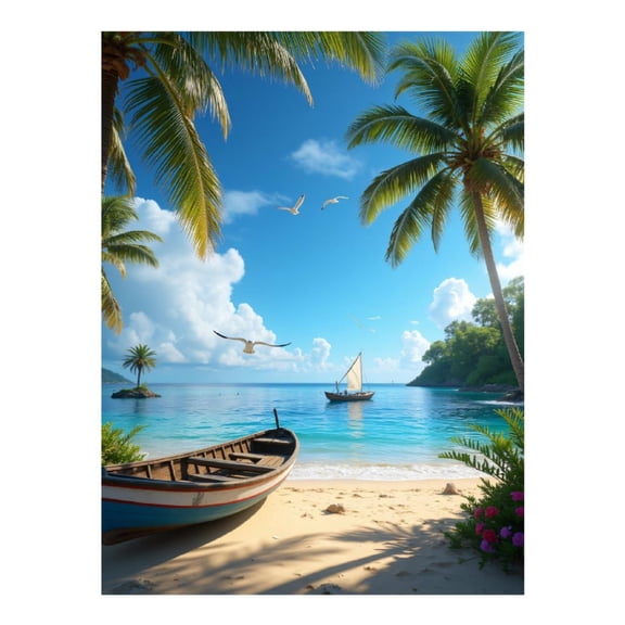 Diamond Art Kits for Adults - Tropical Beach Boat Palms Sky 5d Diamond Painting for Adults, Diamond Art for Adults Beginners, Frameless Diamond Painting Kits for Adults for Home Wall Decor