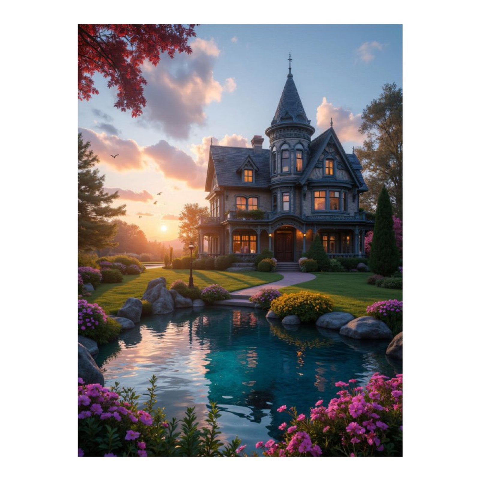 Diamond Art Kits for Adults, Victorian House Garden Sunset Scene 5D Diamond Painting Kits for Adults Beginners, DIY Full Drill Diamond Painting, Gem Art and Crafts 12x16