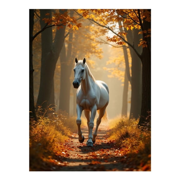 Diamond Art Kits for Adults, White Horse Autumn Forest Path 5D Diamond Painting Kits for Adults Beginners, DIY Full Drill Diamond Painting, Gem Art and Crafts 12x16