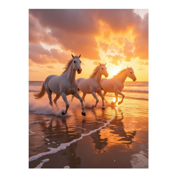 Diamond Art Kits for Adults - White Horses Beach Sunset Run 5d Diamond Painting for Adults, Diamond Art for Adults Beginners, Frameless Diamond Painting Kits for Adults for Home Wall Decor