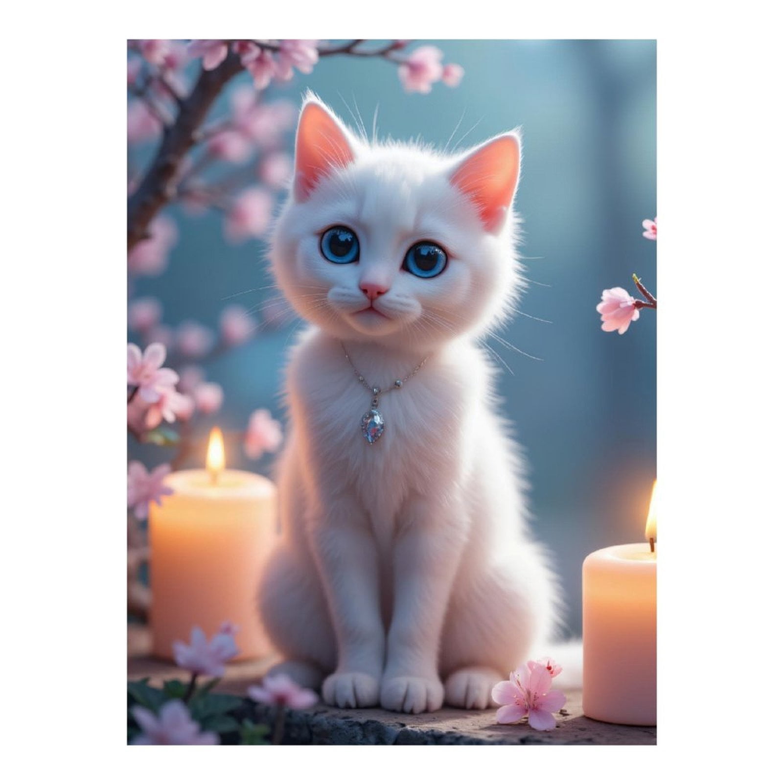 Diamond Art Kits for Adults, White Kitten Blossoms Candles Necklace 5D Diamond Painting Kits for Adults Beginners, DIY Full Drill Diamond Painting, Gem Art and Crafts 12x16