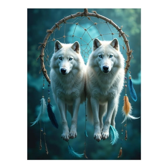 Diamond Art Kits for Adults - White Wolves Dreamcatcher Feathers Blue 5d Diamond Painting for Adults, Diamond Art for Adults Beginners, Frameless Diamond Painting Kits for Adults for Home Wall Decor
