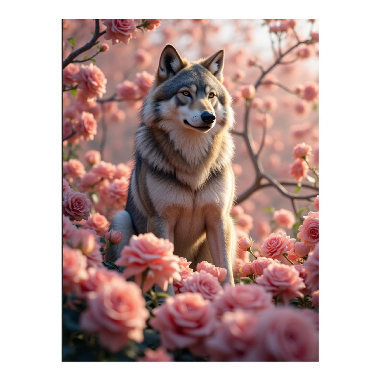 Diamond Art Kits for Adults, Wolf Among Blooming Pink Roses 5D Diamond Painting Kits for Adults Beginners, DIY Full Drill Diamond Painting, Gem Art and Crafts 12x16