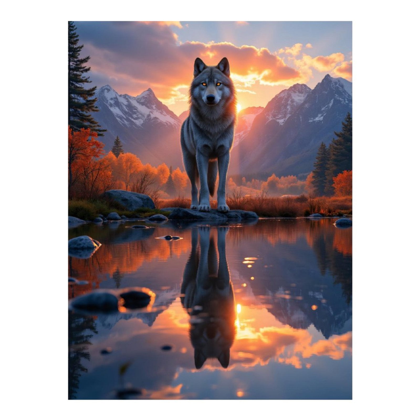 Diamond Art Kits for Adults, Wolf Sunset Reflection Mountains Serenity 5D Diamond Painting Kits for Adults Beginners, DIY Full Drill Diamond Painting, Gem Art and Crafts 12x16