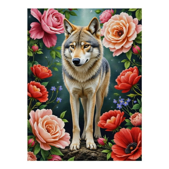 Diamond Art Kits for Adults, Wolf Surrounded By Vibrant Flowers 5D Diamond Painting Kits for Adults Beginners, DIY Full Drill Diamond Painting, Gem Art and Crafts 12x16
