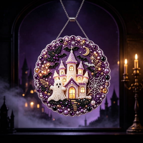Diamond Art Kits Hanging Halloween Haunted House, DIY 5D Special Shaped Diamond Painting Craft Gem Art Rhinestone for Adults and Home Window Door Decor, Happy Halloween