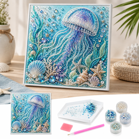 Marine Diamond Art Kit, DIY Jellyfish Bead Art Set with Blue Sea Life Canvas Colorful Gems and Craft Tools for Adults, Wall Decor Gift