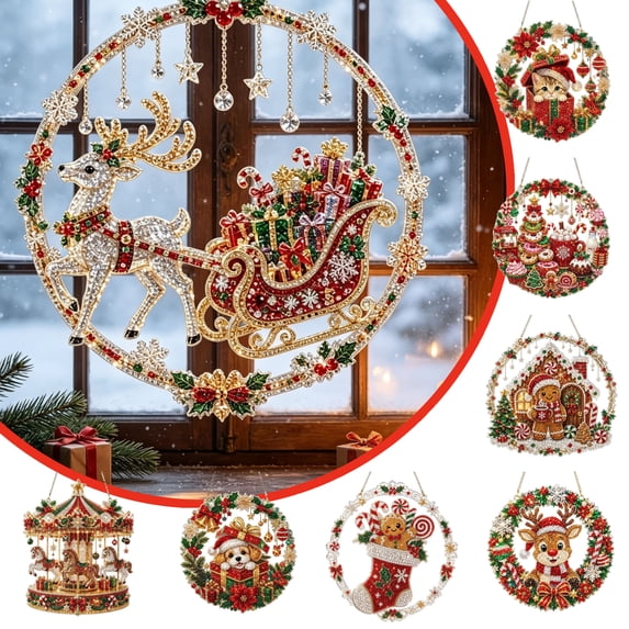 Diamond Art Kits for Adults, Diamond Paintings Christmas Ornaments, Diy Christmas Wreath Kit for Xmas Tree, Home Door, Window and Wall Decor
