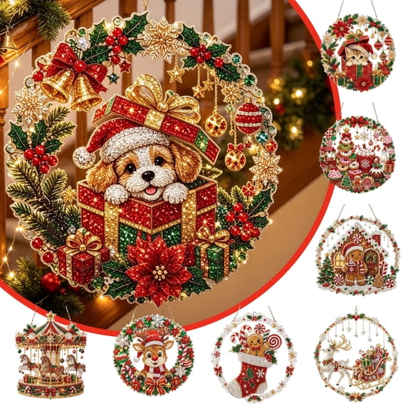 Diamond Art Kits for Adults, Diamond Paintings Christmas Ornaments, Diy Christmas Wreath Kit for Xmas Tree, Home Door, Window and Wall Decor