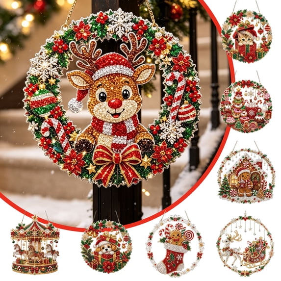 Diamond Art Kits for Adults, Diamond Paintings Christmas Ornaments, Diy Christmas Wreath Kit for Xmas Tree, Home Door, Window and Wall Decor