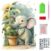 Diamond Art Kits for Adults, Elephant Flowerpot Round Full Drill Gem Art for Beginners (16''x12'')