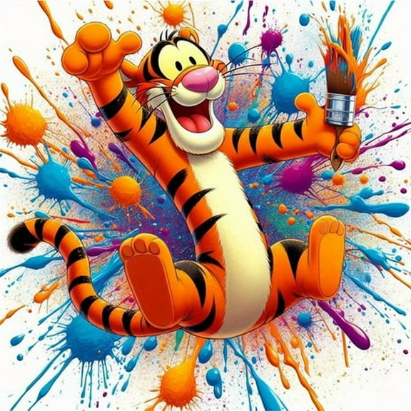 Diamond Art Painting, Cartoon Animal Jumping Tiger Full Diamond Art Customize, Decorative Wall Art Hanging Painting Home Decoration Valentine's Day Gifts, Decorative Craft Wall Art