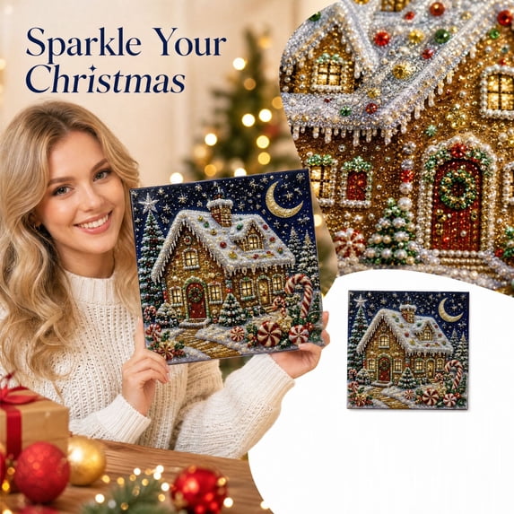 Diamond Art Painting Christmas Diy Kit with Square Drill Beads and Festive Snow House Design, Sparkling Wall Art for Adults and Kids Holiday Crafting, Seasonal Home Decor
