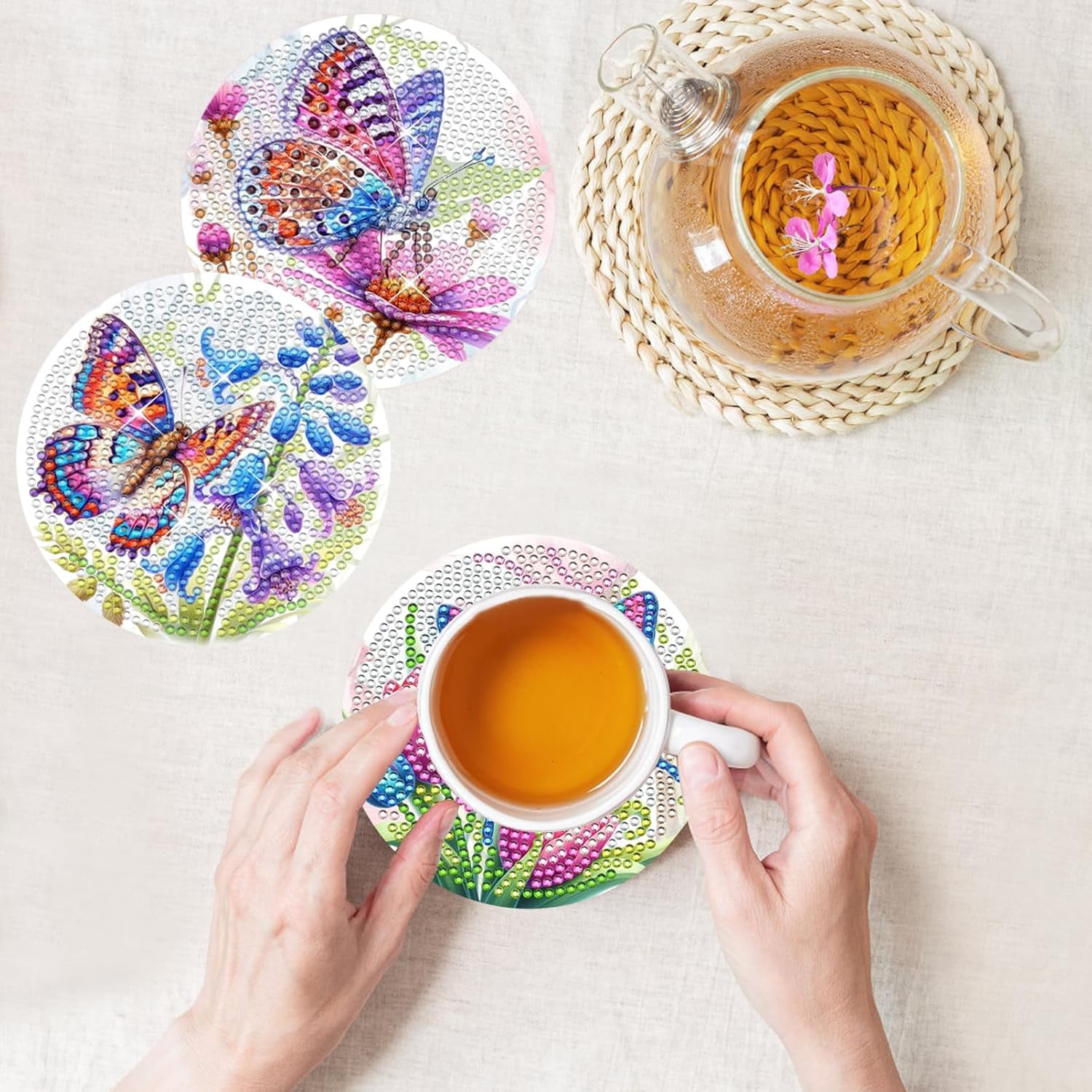 Diamond Art Painting Coasters Kit, 8 Pcs Colorful Butterfly Coasters with Holder, DIY Diamond Painting for Beginners