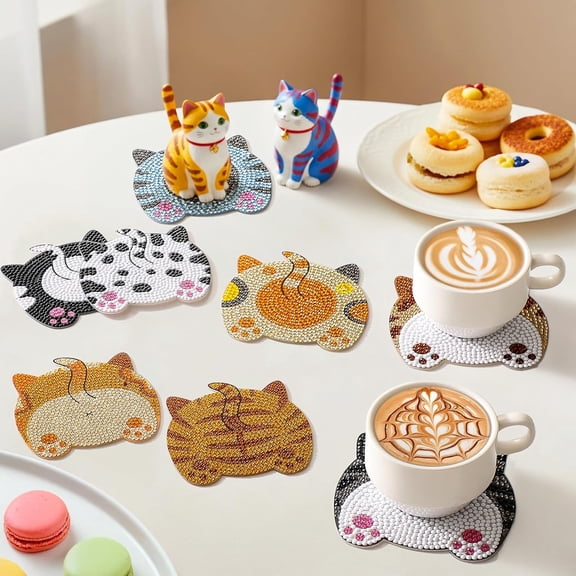 Diamond Art Painting Coasters Kits, Cat Butt Coaster with Holder, Non-Slip DIY Dot Paint Craft Kits, Funny Cat Lover Gifts