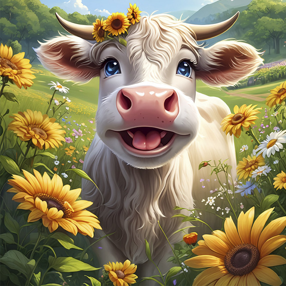 Diamond Art Painting Kit Adult DIY Full Diamond Cow Flower Sunflower Diamond Art Kit Adult Beginner, 5D Paint with Diamond Picture Gemstone Art Painting Craft Kit Home Decor Gift 12x12 inches