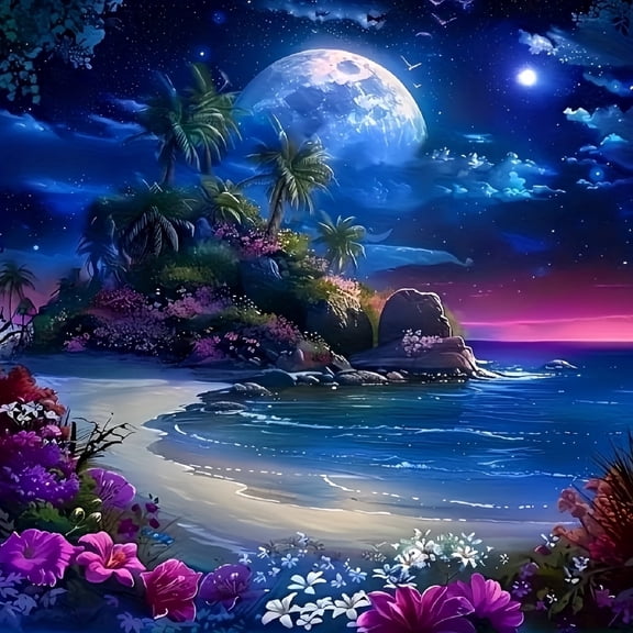 BYGFHLYW Beach Moon Diamond Painting Kits for Adults,Diamond Art Kits for Beginner,Full Round Gem Crystal Art Paint by Diamond, Home Wall Decor 13.8x 13.8in