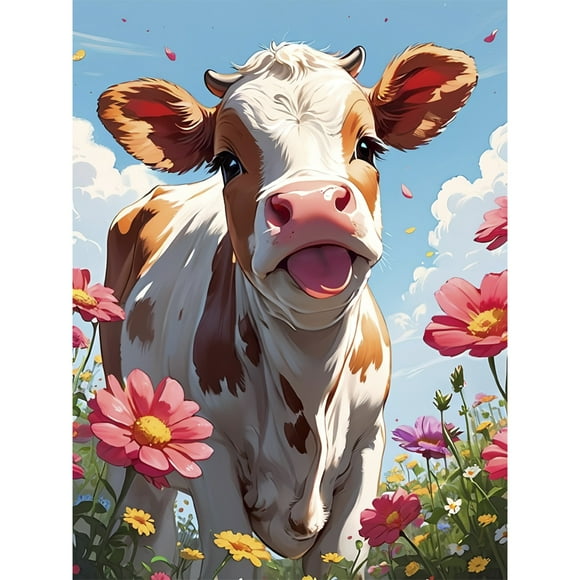 Diamond Art Painting Kits for Adults DIY Full Diamond Cute Cow Flower Diamond Art Kit Adult Beginner, 5D Paint with Diamond Picture Gem Art Painting Craft Kit Home Decor Gift 12x16 inches