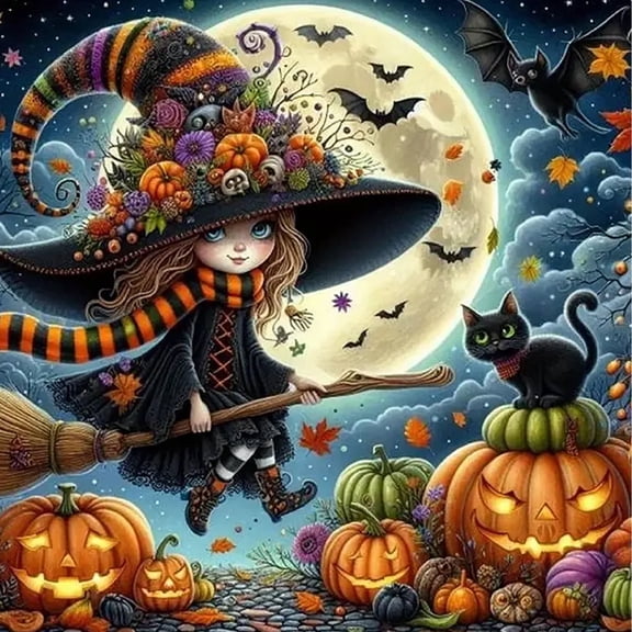 Diamond Art Painting Kits for Adults,Halloween Witch 5D Diamond Painting Dots Art Kits for Adults Beginner, DIY Full Round Gem Crystal Art Paint by Diamond, Home Wall Decor 14x 14 in