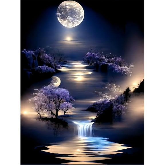Diamond Art Painting Kits for Adults,Moonlight Waterfall 5D Diamond Painting Dots Art Kits for Adults Beginner, DIY Full Round Gem Crystal Art Paint by Diamond, Home Wall Decor 12x 16 in