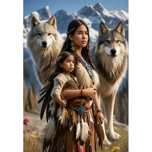 Diamond Art Painting Kits for Adults,Mountain Wolf Woman 5D Diamond Painting Dots Art Kits for Adults Beginner, DIY Full Round Gem Crystal Art Paint by Diamond, Home Wall Decor 12x 16 in