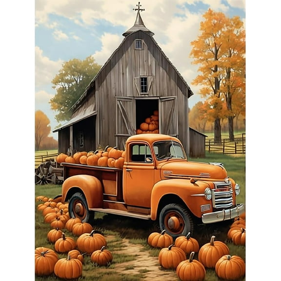 Diamond Art Painting Kits for Adults,Truck Pumpkin 5D Diamond Painting Dots Art Kits for Adults Beginner, DIY Full Round Gem Crystal Art Paint by Diamond, Home Wall Decor 12x 16 in