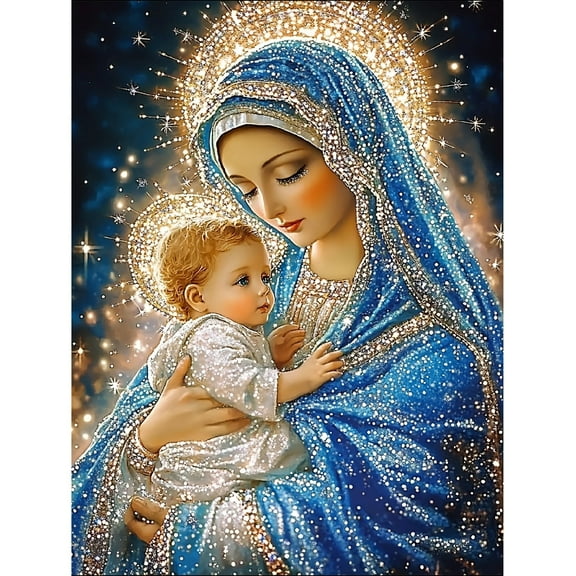 Diamond Art Painting Kits for Adults,Virgin Mary and the Son 5D Diamond Painting Dots Art Kits for Adults Beginner, DIY Full Round Gem Crystal Art, Home Wall Decor 12x 16 in