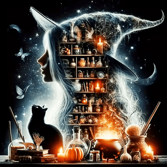 Diamond Art Painting Kits for Adults, Witch 5D Diamond Painting Dots Art Kits for Adults Beginner, DIY Full Round Gem Crystal Art Paint by Diamond, Home Wall Decor 14x 14 in