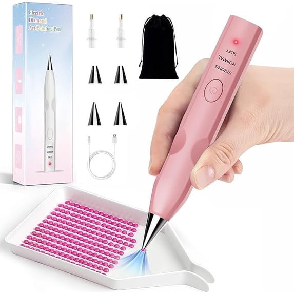 Diamond Art Painting Pen with Vacuum Pump, No Wax Needed, Lightweight Design, 3 Adjustable Suction Mode & Rechargeable, DIY Diamond Art Accessories and Tools(Pink)