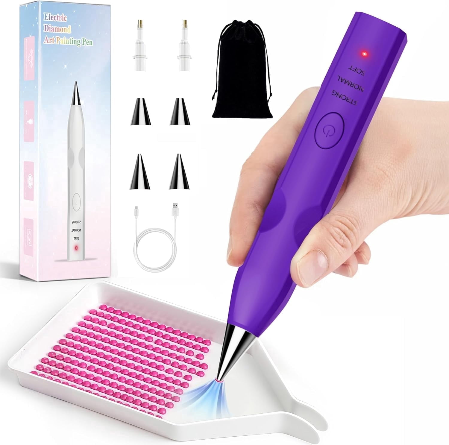 Diamond Art Painting Pen with Vacuum Pump, No Wax Needed, Lightweight Design, 3 Adjustable Suction Mode & Rechargeable, DIY Diamond Art Accessories and Tools(Purple)