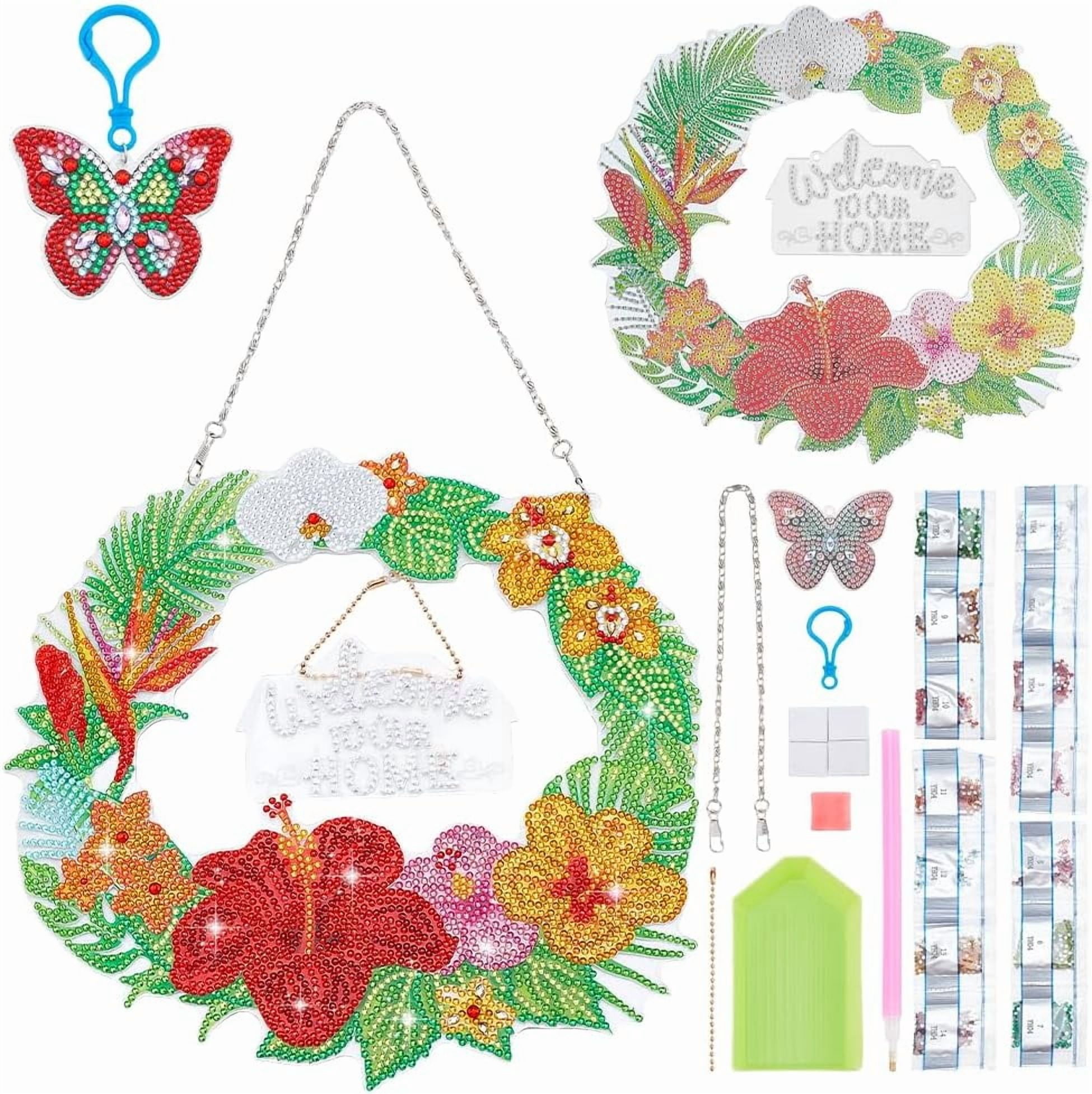 Diamond Art Painting Wreath DIY Hanging Diamond Art Pendant Kit Wreath Kits Flowers and Butterfly Keychain Weclome Home for Door Window Wall Decor 7x7.5 inches