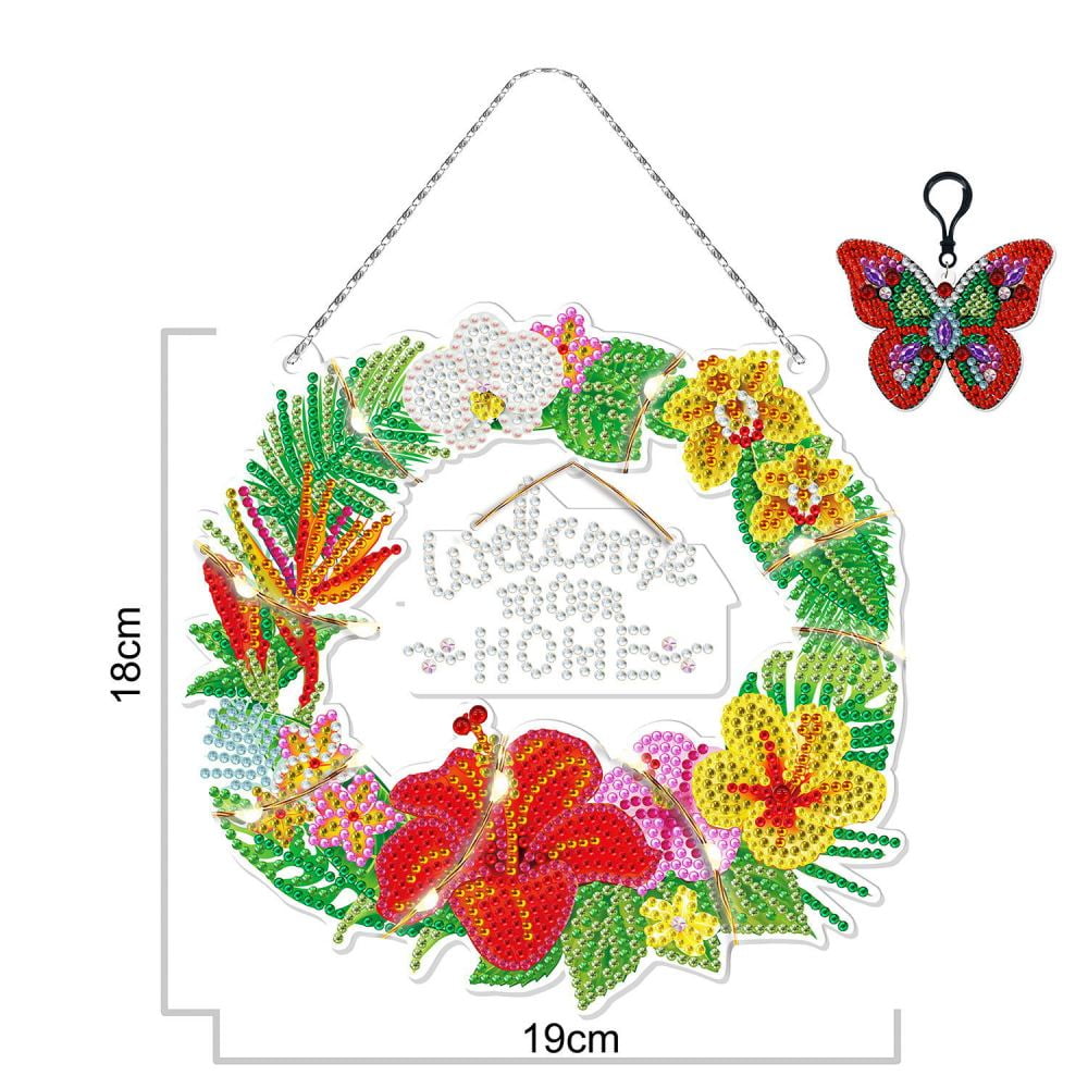 Diamond Art Painting Wreath Hanging Diamond Art Pendant Kit Wreath Kits Flowers and Butterfly Keychain Weclome Home Door Window Wall Decor