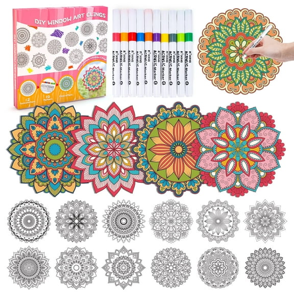 Diamond Art Window Clings, 12pcs Mandala Diamond Art Window Suncatchers Stained Glass Window Stickers, DIY Gem Craft Kit Window Static Clings, Diamond Art Kits for Adults, Kids, Decoration