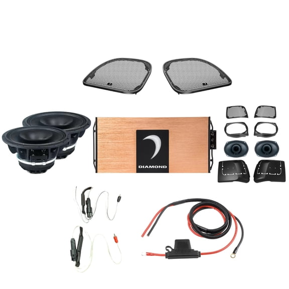 Diamond Audio 4-Speaker Sound Packs for 14-'23 HD Road Glide 7" Custom Fit Touchscreen Digital Multimedia Receiver, 600W 4-Channel Compact Amplifier, 6.5" Motorsport Speakers, Grilles & Harness Kits