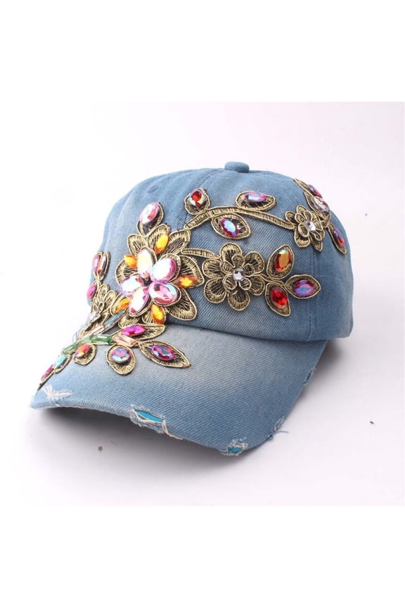 Diamond Baseball Cap Handmade Diamond Studded Baseball Hat Adjustable Gold Wire Flower Hat Solid Color Windproof Fashionable Rhinestone Hat Unisex(Color Blue)