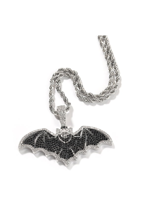 Diamond Bat Necklace Halloween Jewelry, Black and White Zircon Halloween Necklace - Pure Silver Rope Chain with Bat Pendant - Women's Magic Jewelry