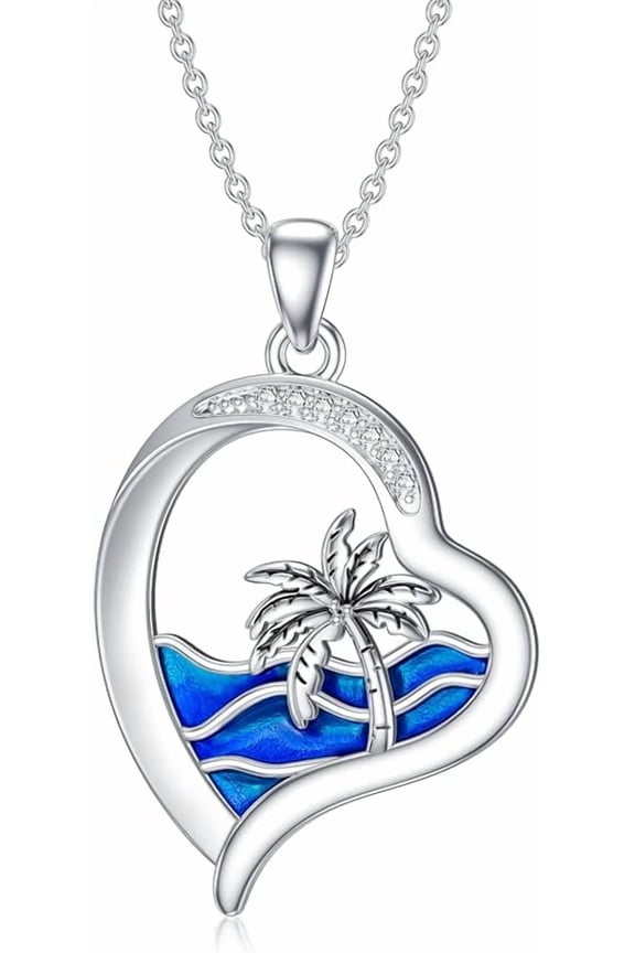 Diamond Beach Necklace 925 Sterling Silver Ocean Wave Heart Pendant Necklaces Gift for Women Mom Wife Girlfriend Daughter