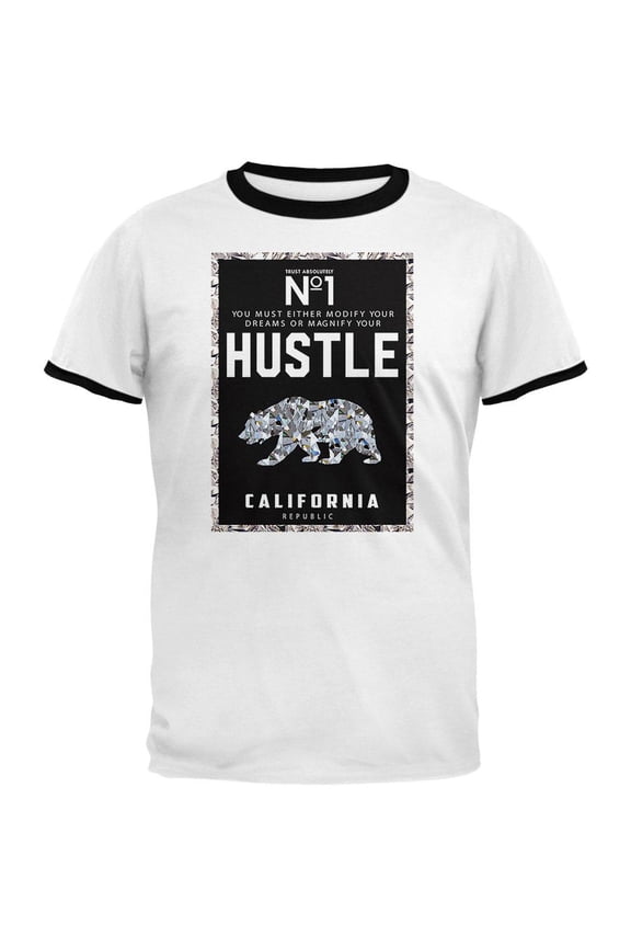 Diamond Bear Hustle California Mens Ringer T Shirt White-Black X-LG