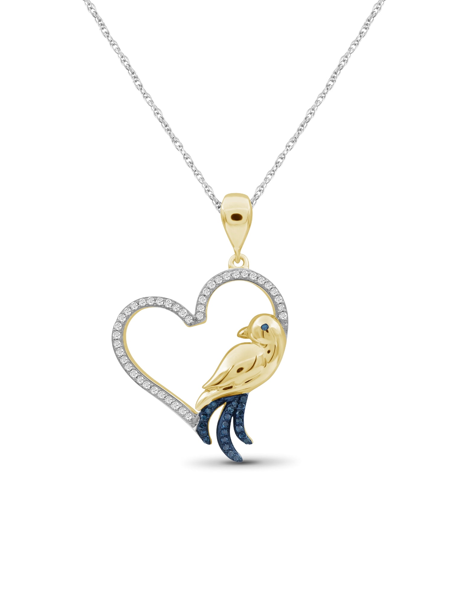 Diamond Bird Necklace Halloween Jewelry – 0.15 CTW Blue and White Diamond Halloween Necklace – 14K Gold Plated Silver Rope Chain with Bird Pendant – Witchy Jewelry for Women by JewelersClub
