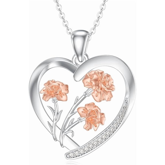 Diamond Birth Flower Necklace for Women 925 Sterling Silver Birth Month Flower in Heart Pendant with Lab Grown Diamond Jewelry Gifts for Her