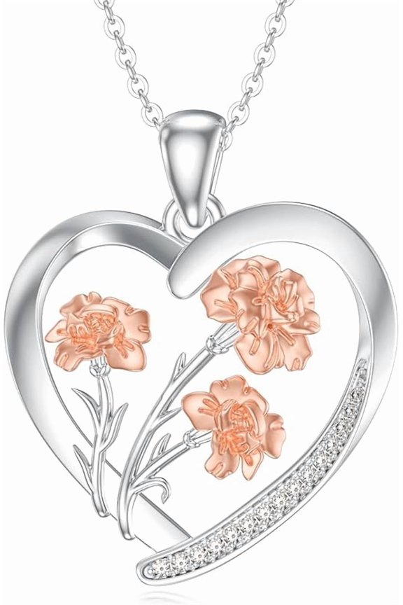Diamond Birth Flower Necklace for Women 925 Sterling Silver Birth Month Flower in Heart Pendant with Lab Grown Diamond Jewelry Gifts for Her